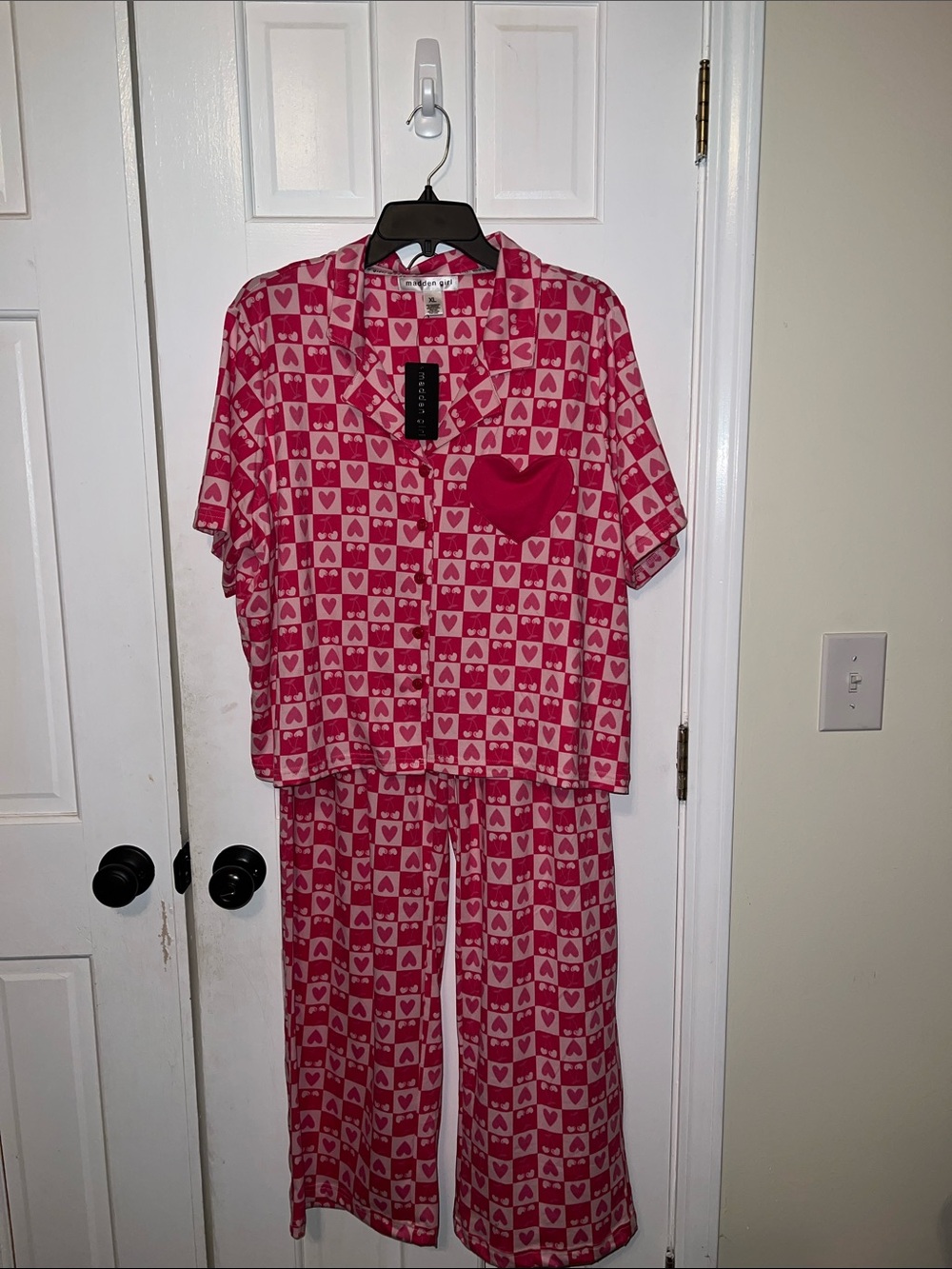 Madden Girl Pink Heart-Print Two-Piece Pajama Set